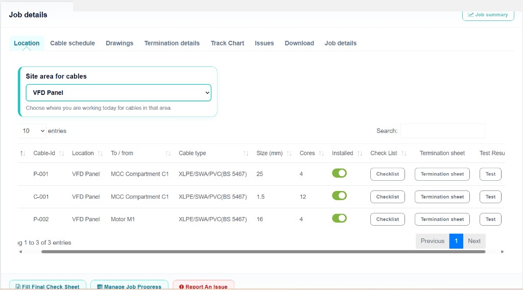 Job details and cable schedule in Cabledox